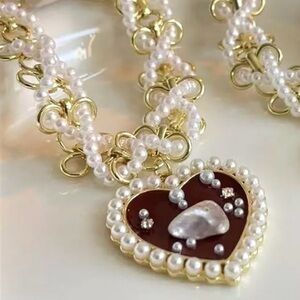 “Red Heart Sea of Pearls” Flake Shard Float Drift Love Romance Ocean Necklace